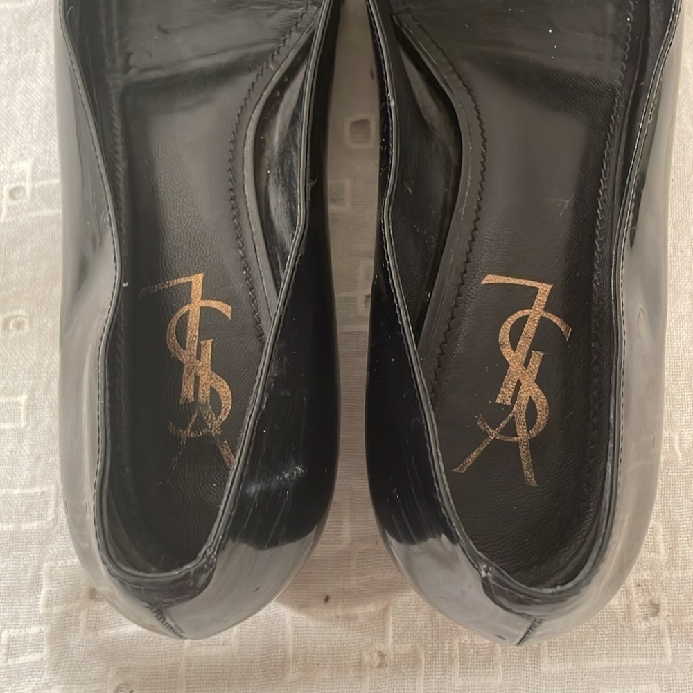 Yves Saint Laurent Black Flat Peep Toe Bow Flat Shoes - Picture 10 of 13